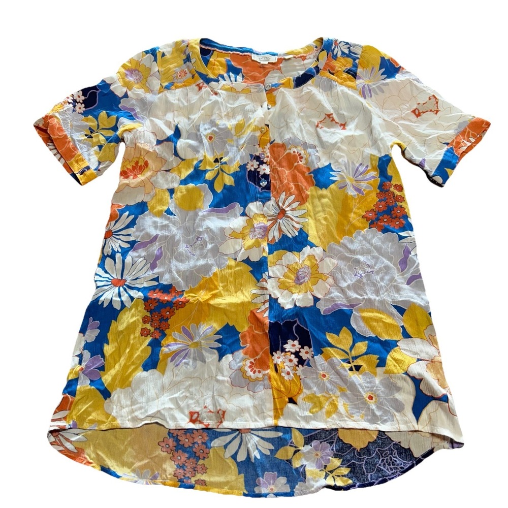 FAT‎ FACE Shirt Blue Floral Print Womens Short Sleeve Button Up Viscose Size 4 S